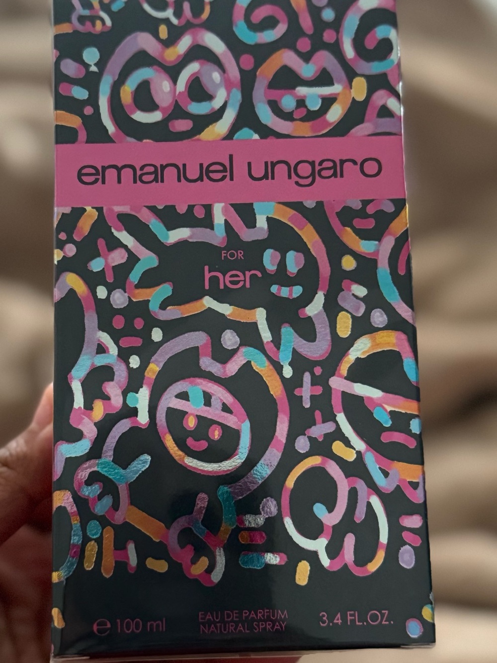 Emanuel Ungaro Black Box with Pink Accent and Multicolor Doodles